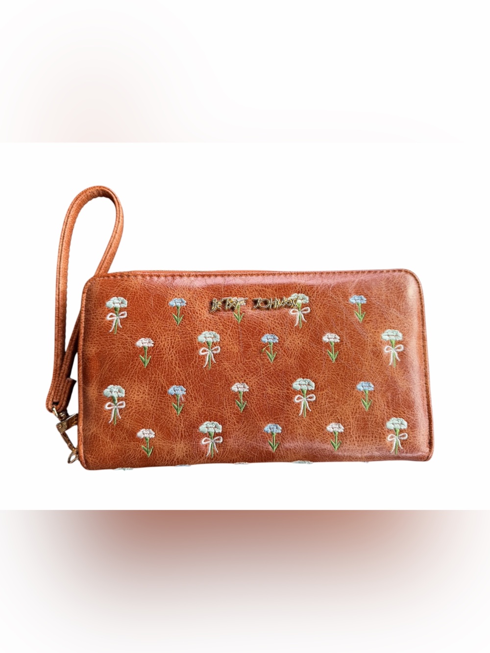 Betsey Johnson camel brown Floral Embroidered Wristlet wallet